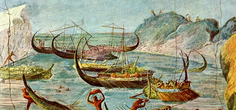 Корабли Одиссея в бухте лестригонов (фрагмент фрески из Помпеи, Италия)